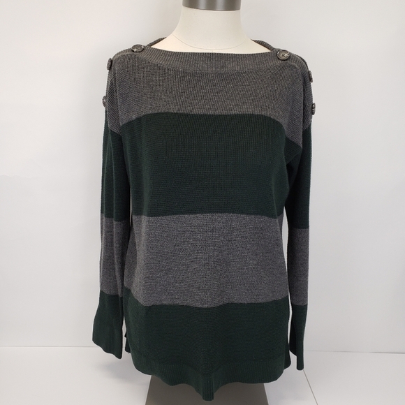 Vince Camuto Button Shoulder Stripe Sweater Green Gray Colorblock size small - Picture 1 of 10